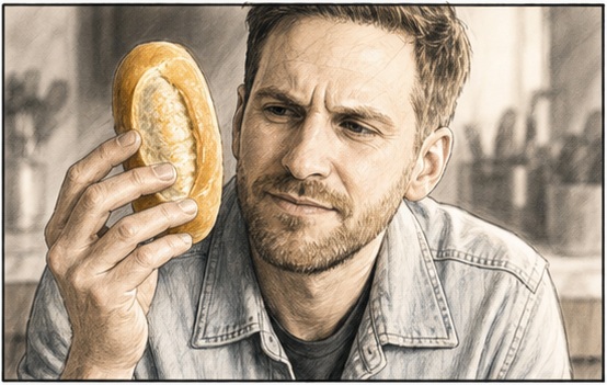 Paul examina o pão francês